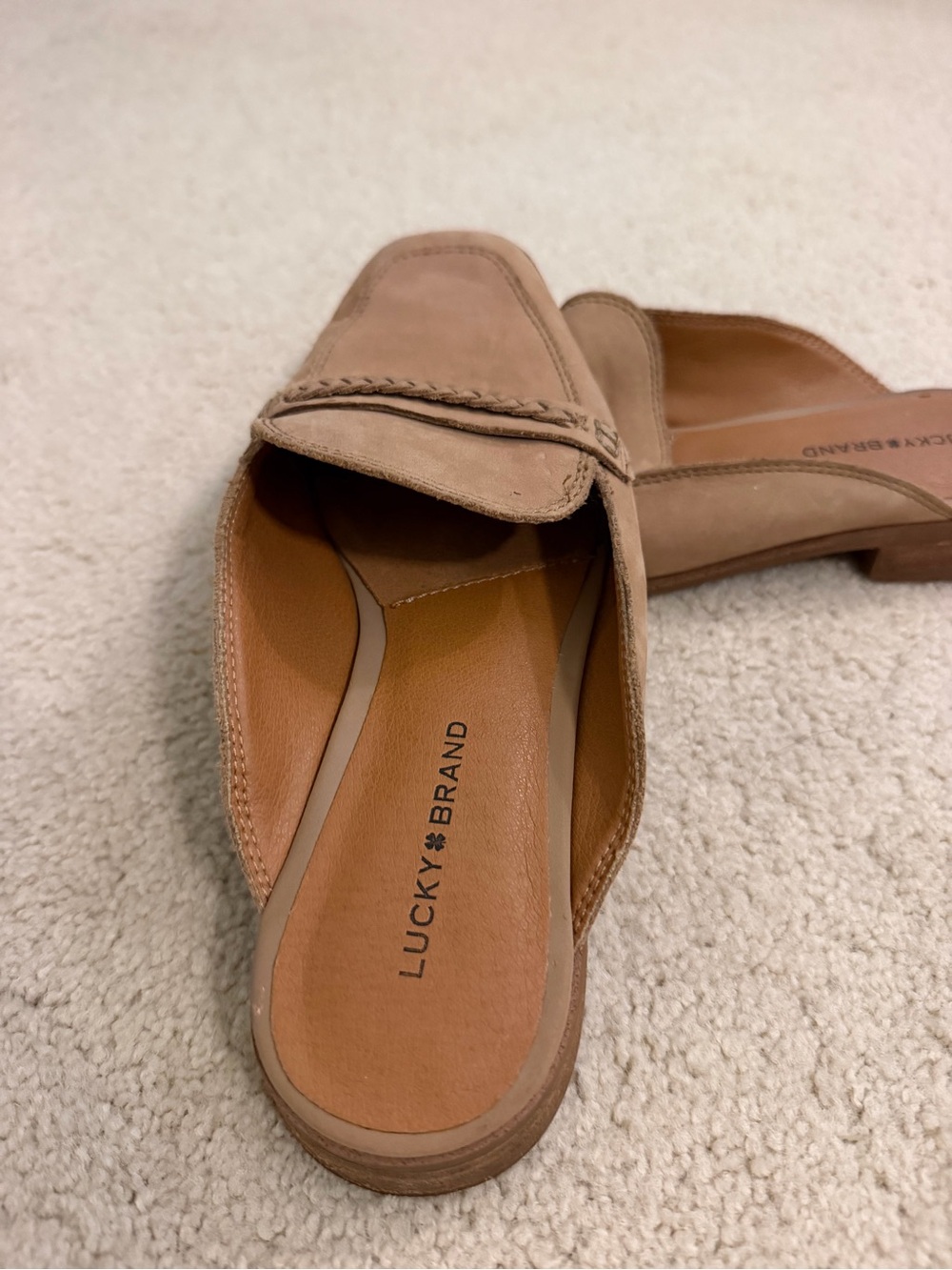 Lucky Brand Tan Braided-Trim Suede Mule Slides
